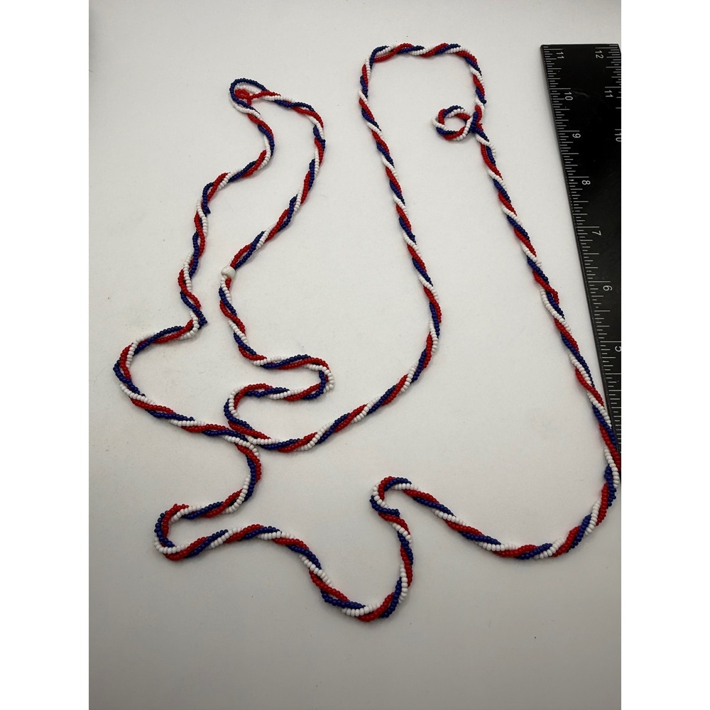 Patriotic Red White Blue Beaded Rope Necklace Extra Long 52 Inch Seed Bead Twist